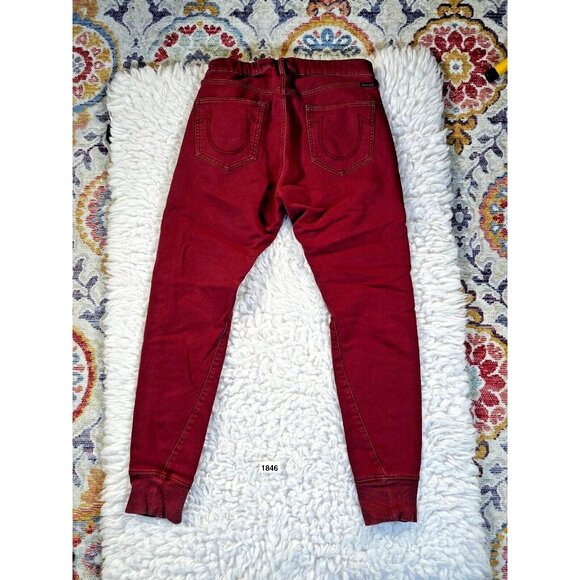 True Religion SportsWear Mens Denim Joggers 31x29 Dark Red Drawstring + Zip - Picture 2 of 10